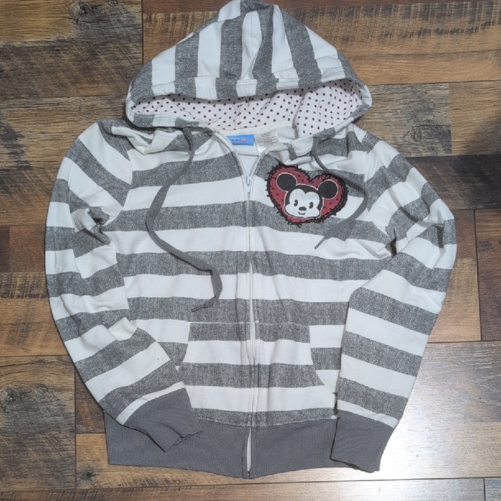 Disney Gray and White Striped Polkadot Juniors Hoodie